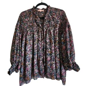 Philosophy Black Floral Smocked Peasant Blouse